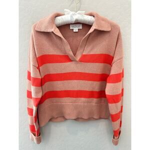 VELVET BY GRAHAM & SPENCER Striped Polo Sweater Tan Red Cotton Cashmere | XS